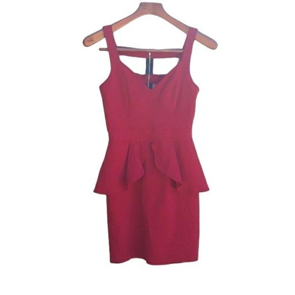 Vtg 80's Edgy Bodycon Peplum Mini Dress‎ Sz 7 Red Strappy Cutout Exposed Zipper